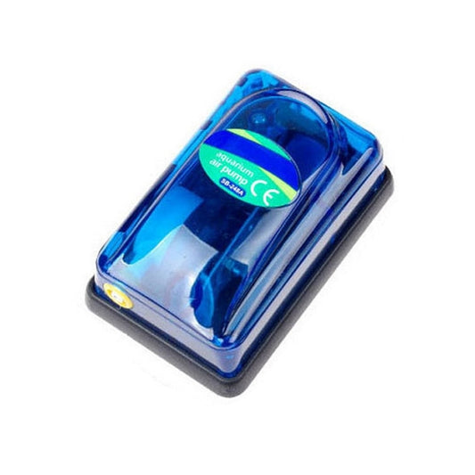 Aquarium air pump with blue translucent housing, adjustable knob, and black base