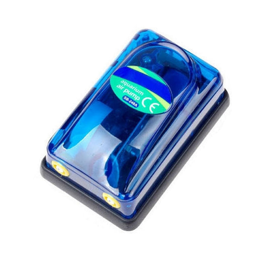 Blue double-outlet aquarium air pump with adjustable flow