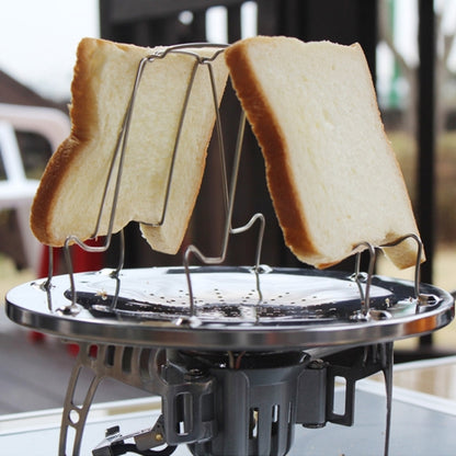 4-slice foldable stainless steel toaster rack holding thick bread slices on a round base