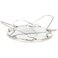 Foldable stainless steel toaster rack with wire handles over a round perforated tray