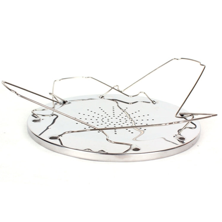 Foldable stainless steel toaster rack with wire handles over a round perforated tray