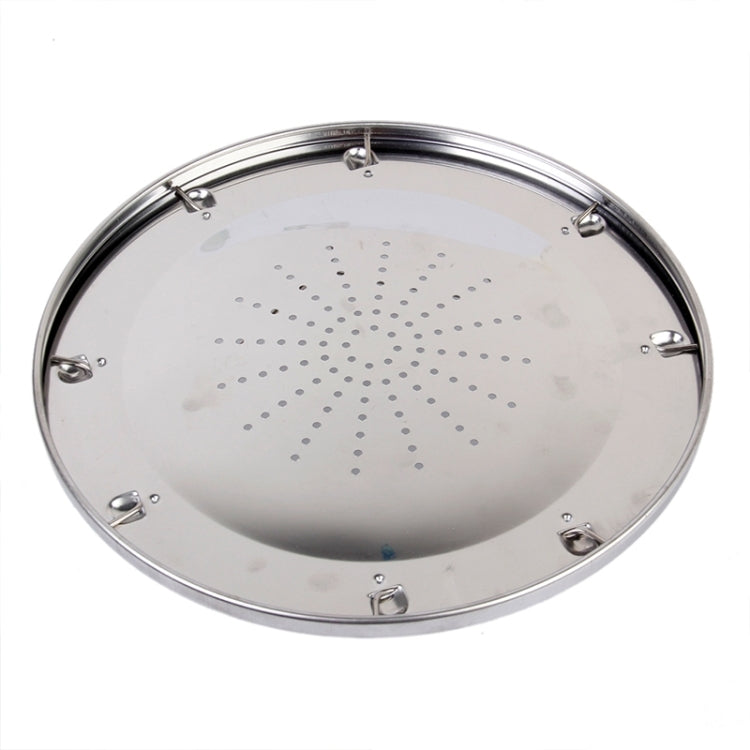 Round stainless steel toaster rack with wire clamps and perforated cooking surface
