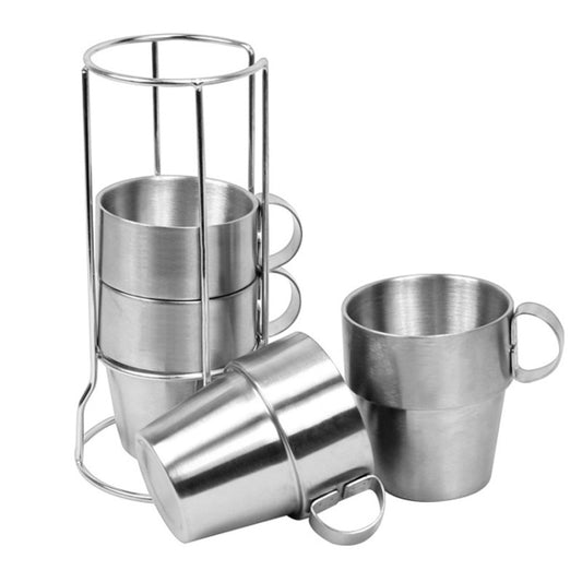 Stainless steel mug set with handles: stacked cups plus one mug lying sideways