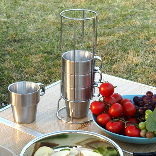 Stainless steel stackable camping coffee cups with handles, two mugs shown