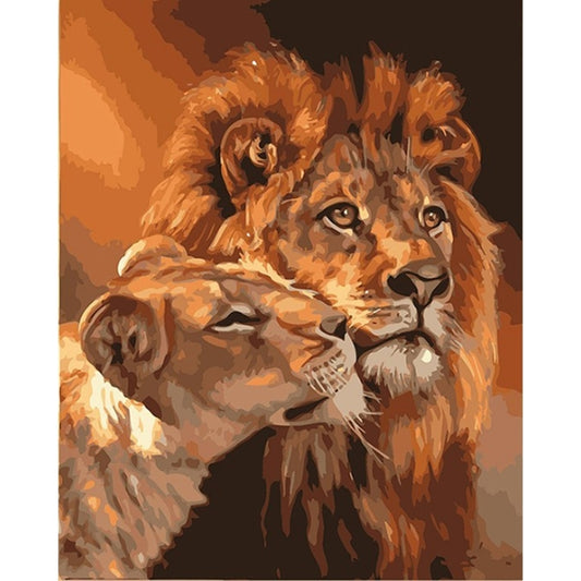 Lion couple paint-by-numbers oil painting, two lions facing on canvas