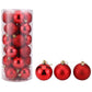 Plastic Christmas ornament balls, red metallic finish, with gold-tone hooks.