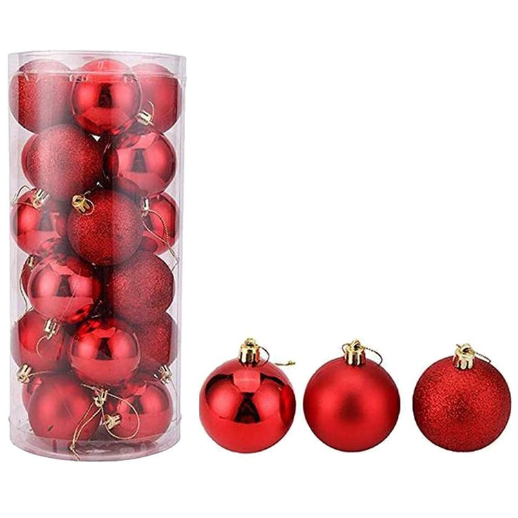 Plastic Christmas ornament balls, red metallic finish, with gold-tone hooks.