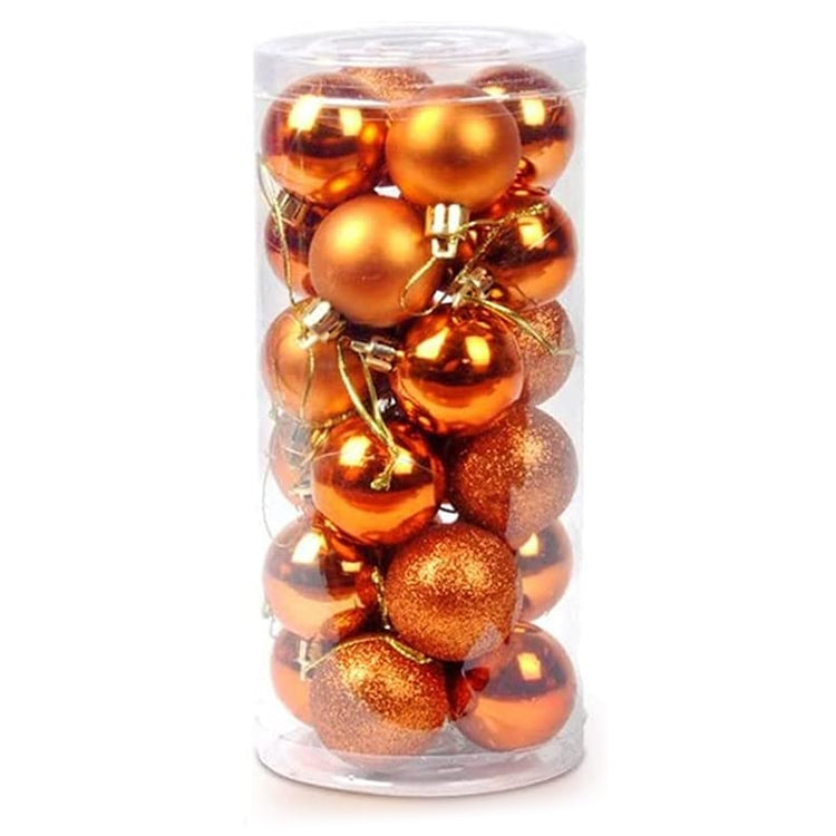 Plastic Christmas ornament balls, gold metallic finish, packed in clear tube with hooks.