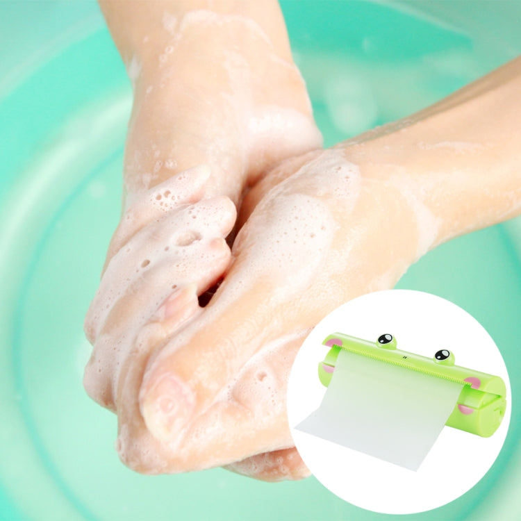 Frog-themed soap sheet dispenser used with lathered hands