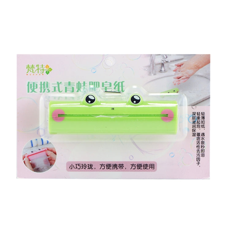 Soap sheet dispenser retail box with frog-themed green device