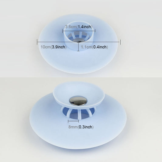 Blue silicone drain stopper with central valve and rim, sized for small drains