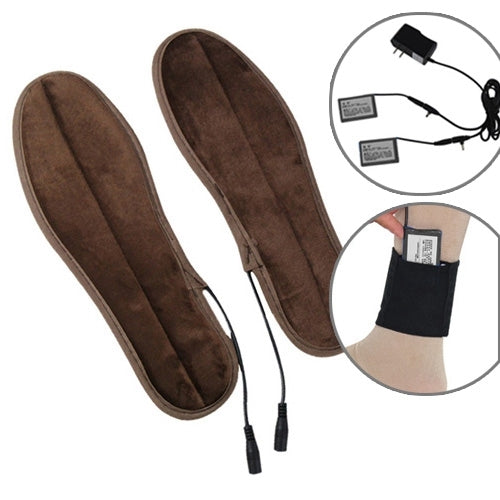 Brown heated insoles with battery cords and a black fastening strap for legs