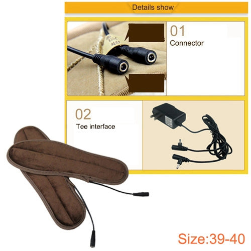 Brown heated insoles with power connector tips, charging cord, and battery pack