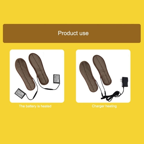 Heated insoles with battery heating pack and charging cables, connected for use
