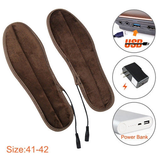 Brown heated insoles with USB power cable and adapter examples
