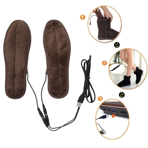 Brown heated insoles with attached black cords and power connections