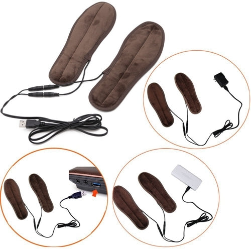 Set of brown heated insoles with USB cable, connectors, and adapters