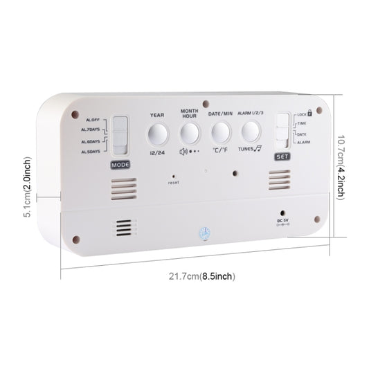 White LED alarm clock rear control panel with buttons and DC 5V port