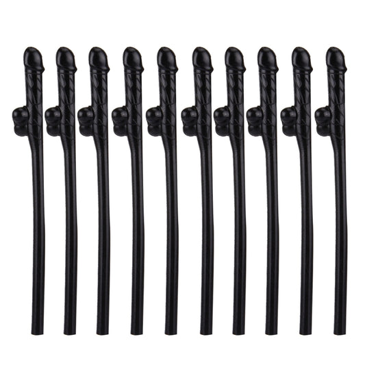 Set of 10 black dicky sipping straws with ribbed body and nozzle tips