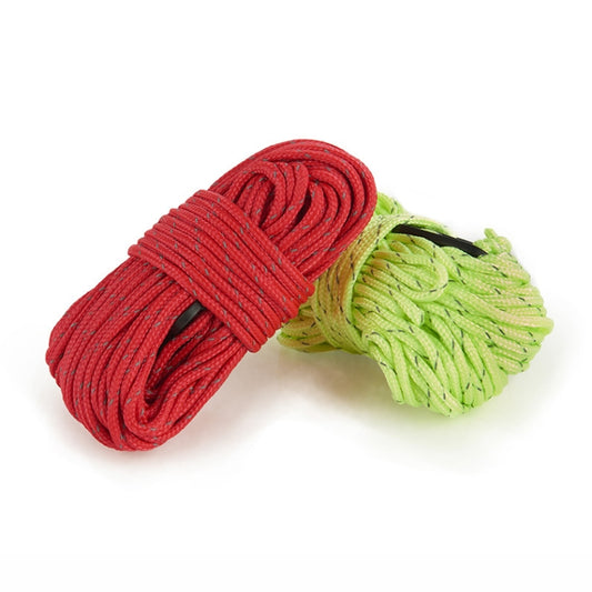 Reflective tent guy line rope coils in red and green with black rope ends