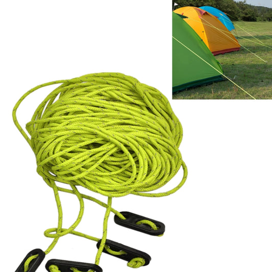 Green reflective tent guy line rope set, coiled with black plastic runners
