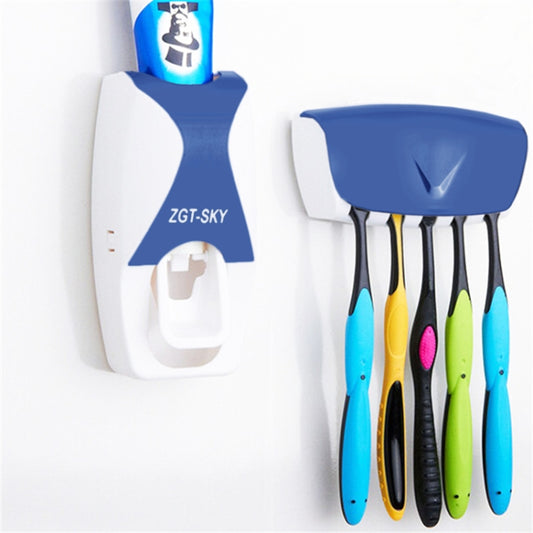 Automatic blue toothpaste dispenser set with wall mount and five toothbrush holders