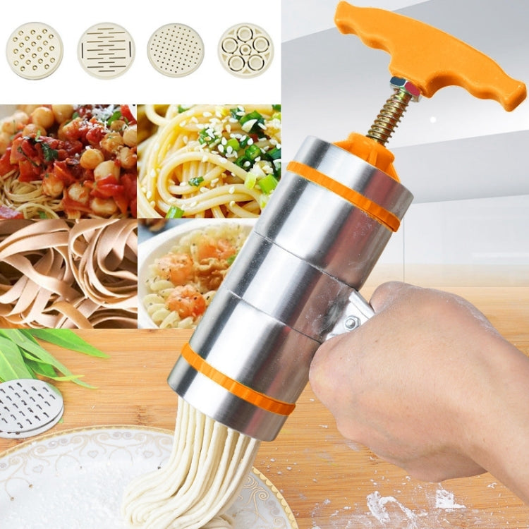 Handheld stainless steel noodle press with orange handle and four perforated molds