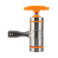 Orange-handled handheld noodle press with stainless steel barrel and crank handle