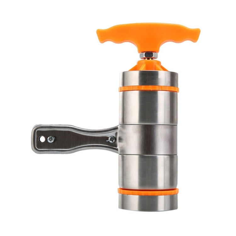 Orange-handled handheld noodle press with stainless steel barrel and crank handle