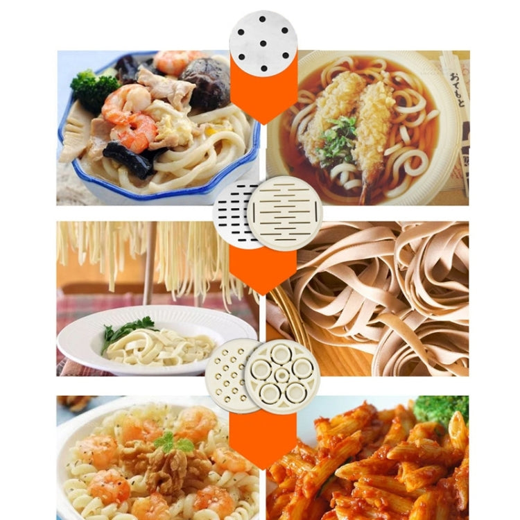 Handheld noodle press with circular molds, shown with prepared noodle dishes