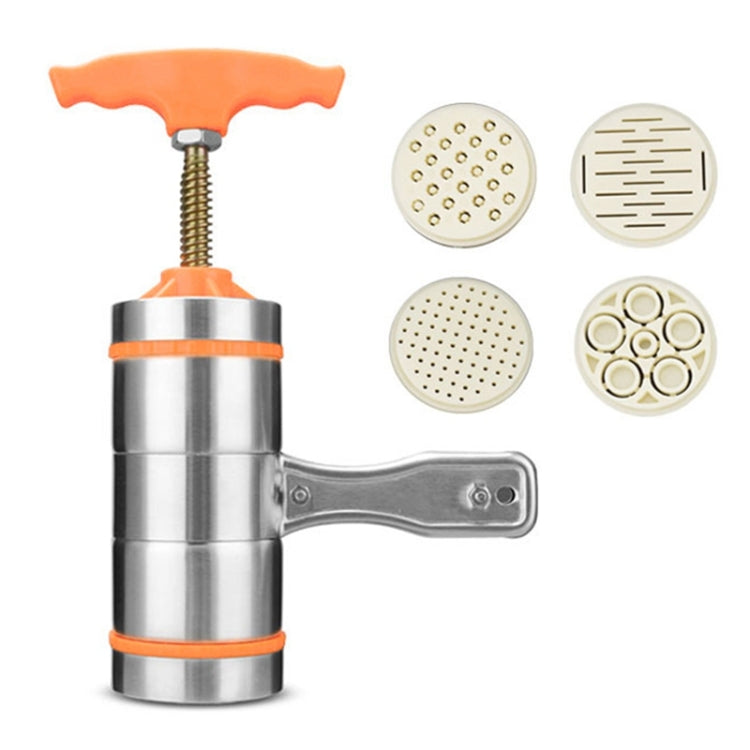 Hand noodle pressing machine with orange top handle, stainless barrel, and four molds
