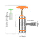 Compact handheld noodle press with orange lever, stainless barrel, and side crank