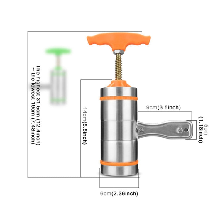 Compact handheld noodle press with orange lever, stainless barrel, and side crank
