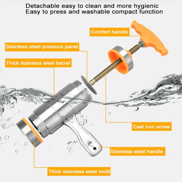 Stainless steel noodle press with orange comfort handle and detachable mold barrel