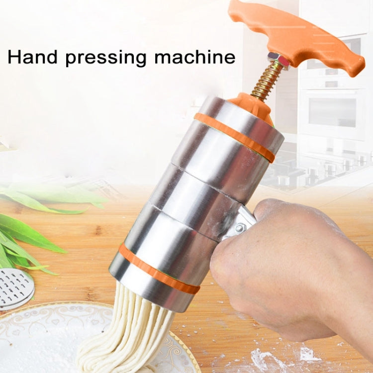 Orange-handled hand noodle press machine shaping noodle strands with a mold plate