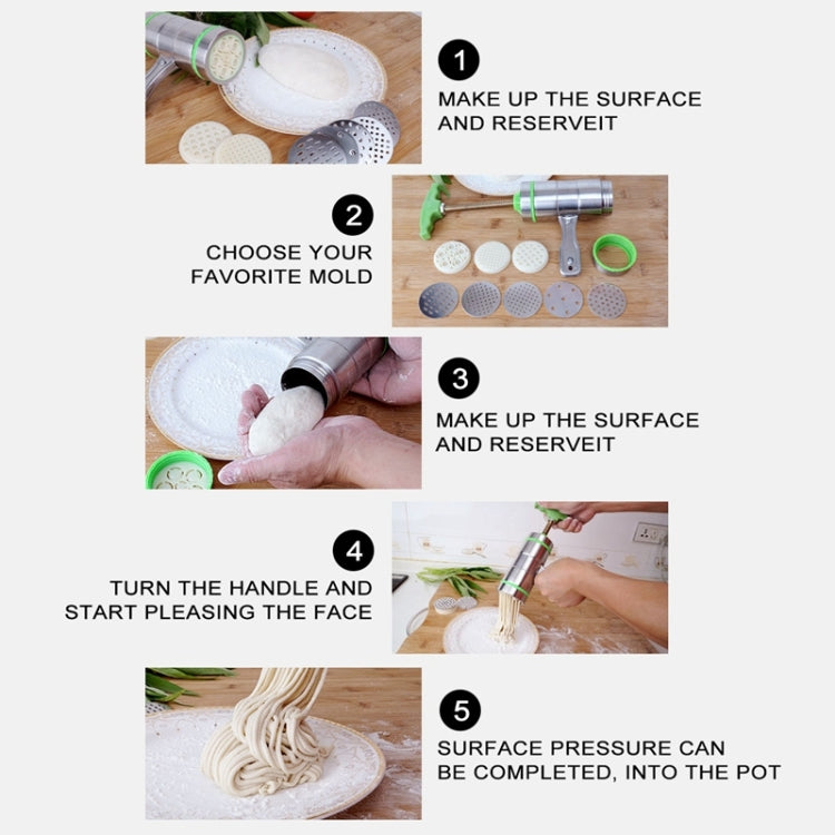 Hand noodle pressing machine kit with molds shown for preparing and pressing noodle dough