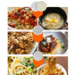 Four round perforated mold plates for noodle pressing, shown with cooked noodle dishes
