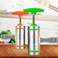 Handheld stainless steel noodle press, two styles with green/orange handles and straps