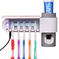 Automatic toothpaste dispenser with UV light bar and toothbrush rack, tube holder on top