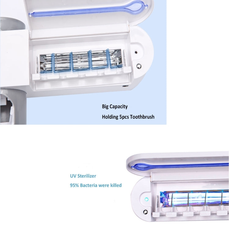 Open UV sterilizer compartment with blue light and toothbrush slots inside