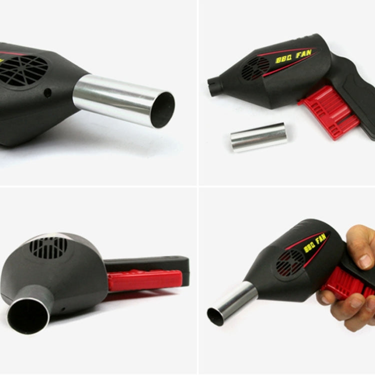 Portable BBQ blower with black housing, red fan vent, and detachable metal tube