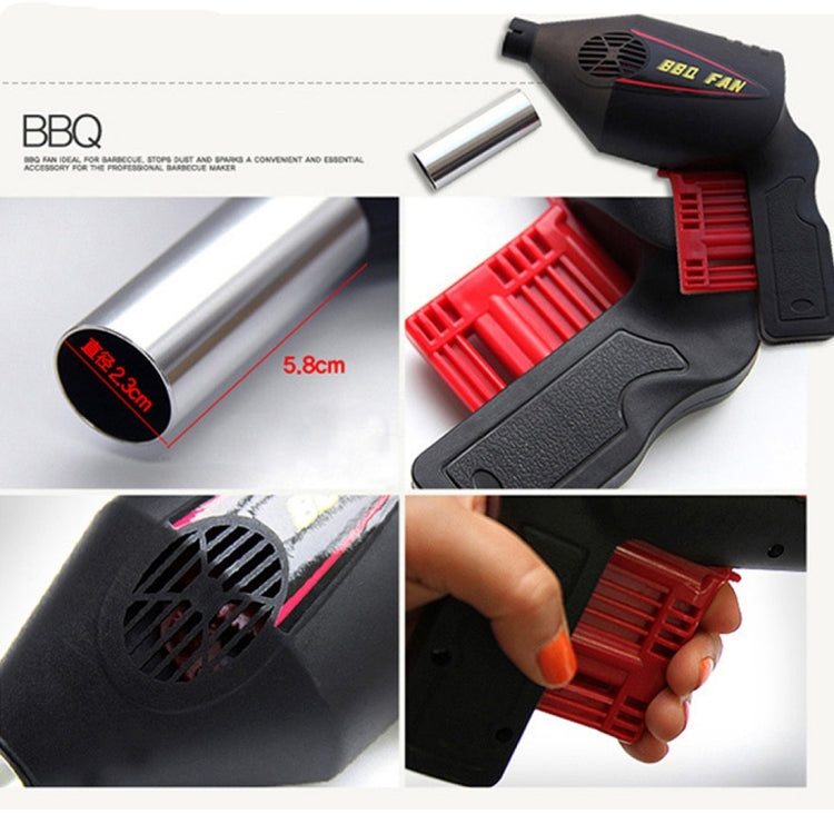 Black and red BBQ blower with metal nozzle and vented fan cover