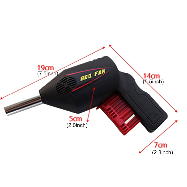 Compact BBQ blower tool with black body, red vent, and shown dimensions