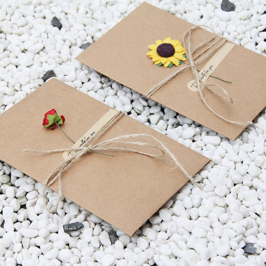 Kraft paper dry-flower greeting cards, sunflower and red rose accents with twine ties