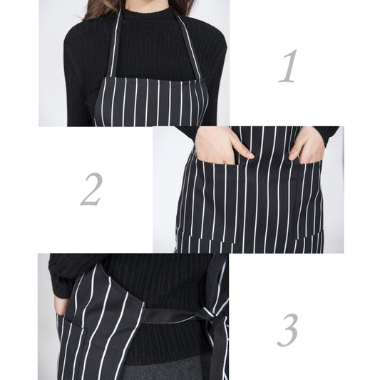 Black-and-white striped apron front with waist tie and side pocket detail