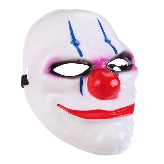 Clown Halloween face mask in white with blue spikes, red nose, and red curved smile