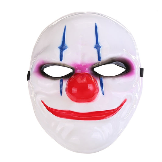 Clown Halloween face mask in white with blue spikes, red nose, and red smile