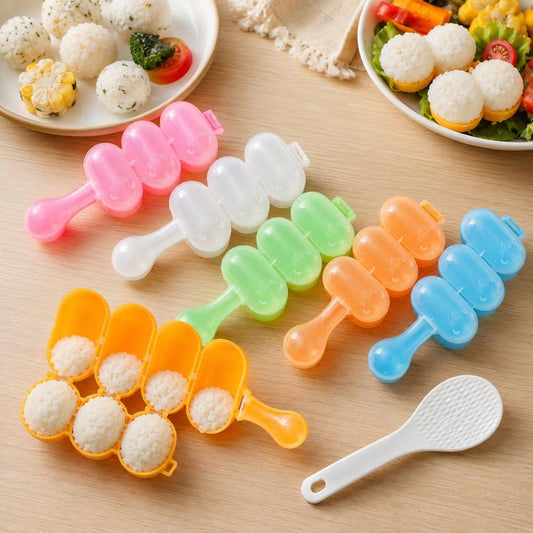 Sushi rice ball shaker mold set with spoon-shaped handles, assorted pastel colors