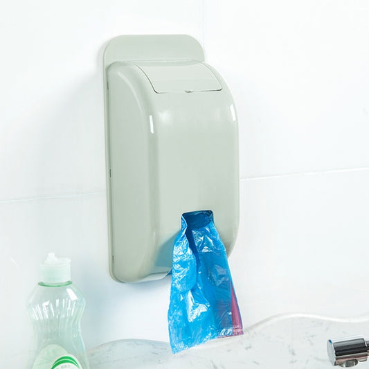 Wall-mounted garbage bag storage box, gray plastic with lid and hanging slot