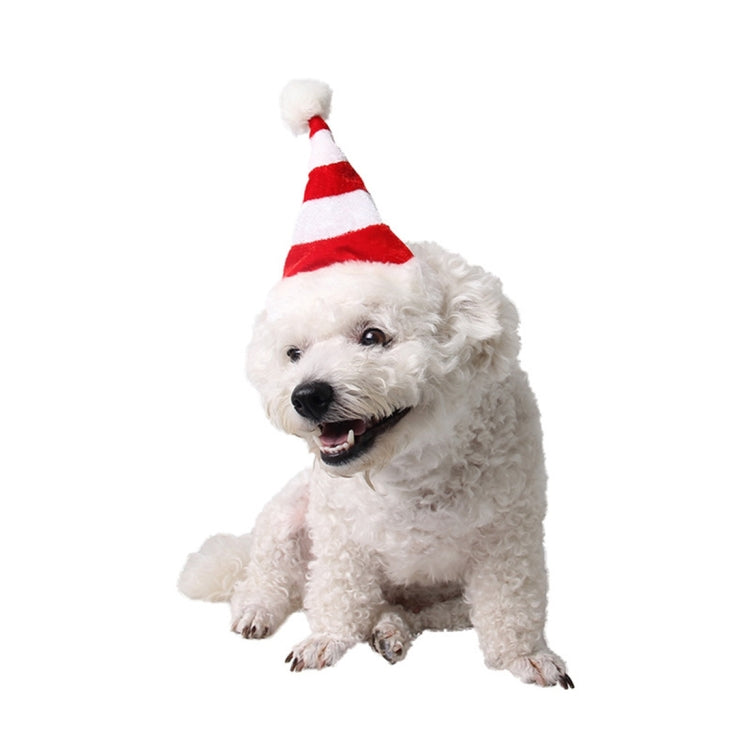 Pet Christmas hat on dog: red-and-white striped cone with white pom and faux-fur brim trim